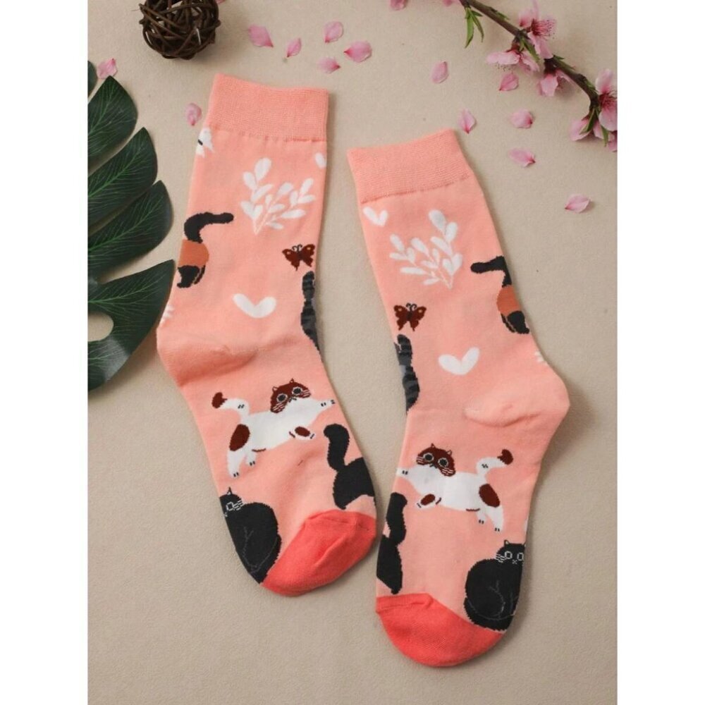 1pair Women Cartoon Cat Pattern Cute Crew Socks for Women